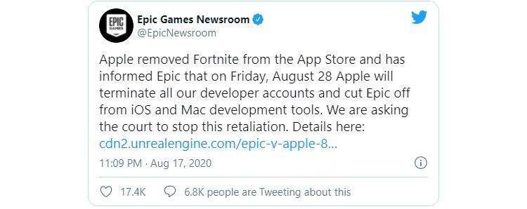 توییت اپیک گیمز در مورد اپل